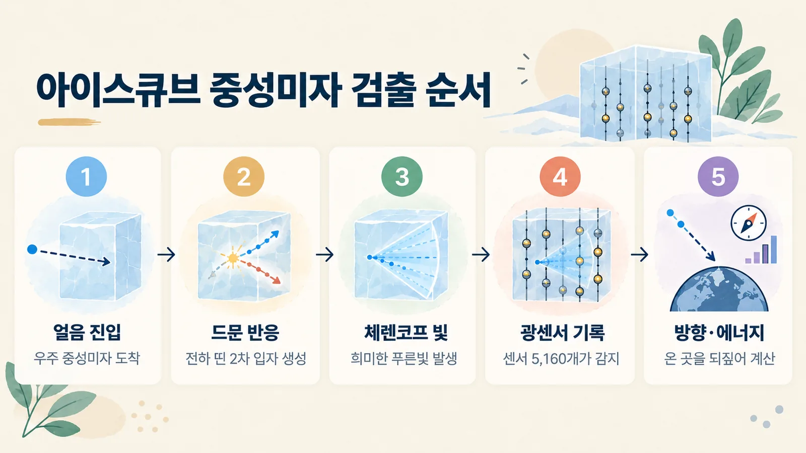 중성미자가 얼음에 들어와 반응하고, 체렌코프 빛을 광센서가 기록해 방향과 에너지를 계산하는 순서입니다.
