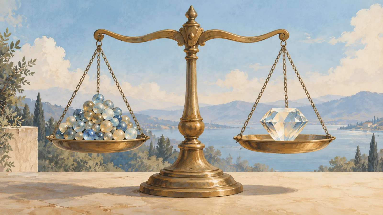 많은 작은 구슬과 하나의 빛나는 보석을 저울에 올려 양적 쾌락과 질적 쾌락을 비교하는 그림입니다.
