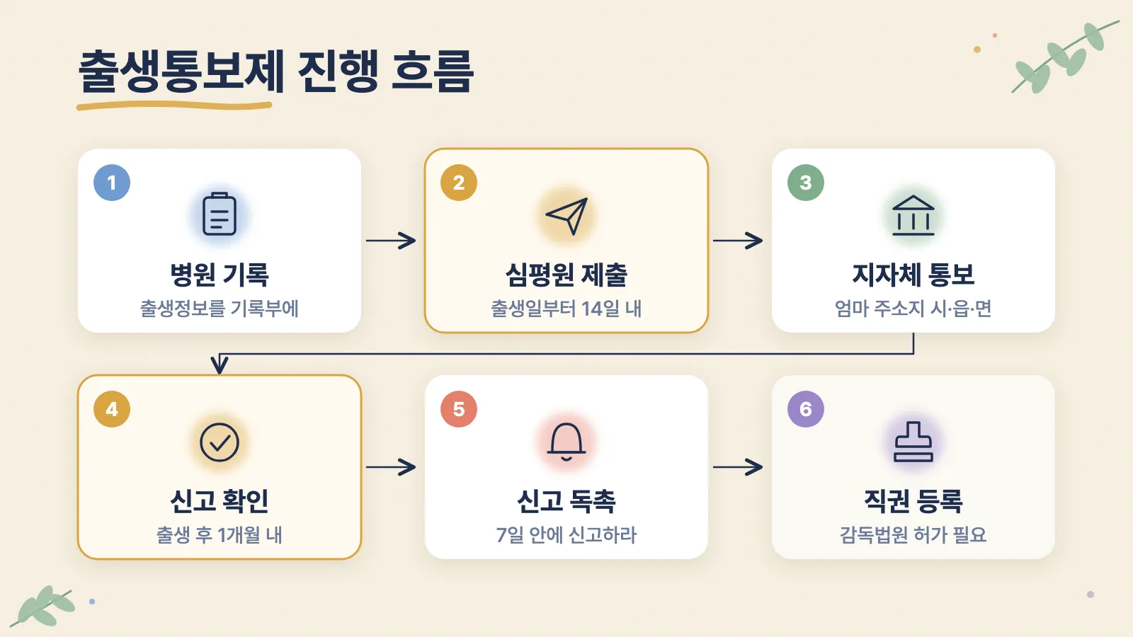 병원 기록부터 지자체 독촉, 직권 등록까지 이어지는 출생통보제 흐름입니다.