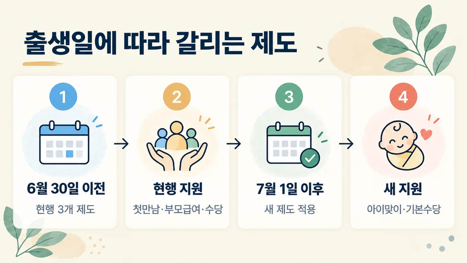 2027년 6월 30일 이전 출생아는 현행 제도, 7월 1일 이후 출생아는 아이맞이지원금을 받는다는 구분 그림입니다.