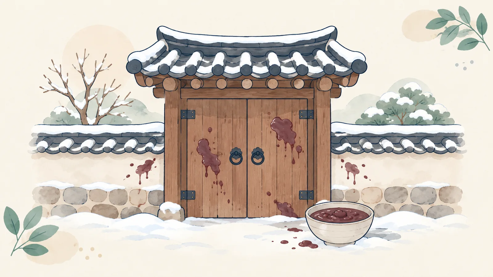 나쁜 귀신을 막기 위해 한옥 대문과 벽에 붉은 팥죽을 뿌린 모습입니다.