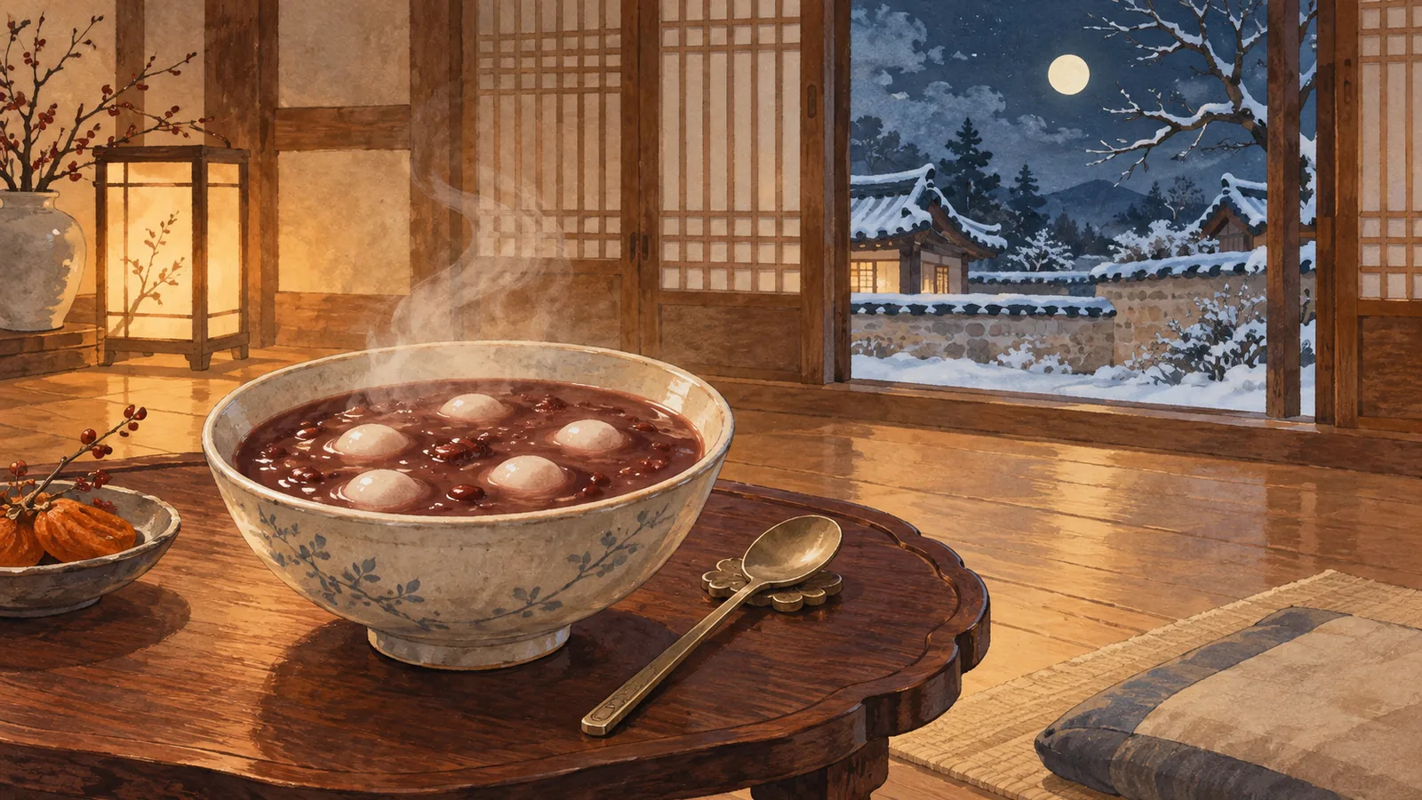 새알심이 든 붉은 동지팥죽 한 그릇이 겨울밤 상 위에 놓여 있습니다.
