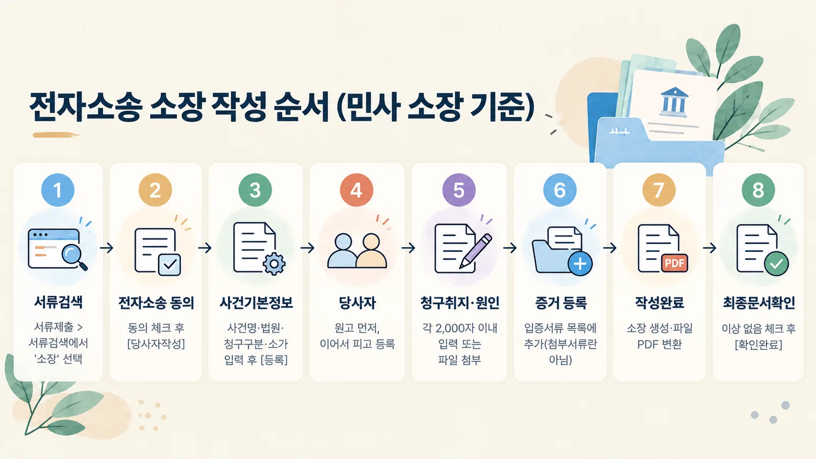 서류검색부터 최종문서확인까지 전자소송 소장 작성 순서를 보여 주는 단계 그림입니다.