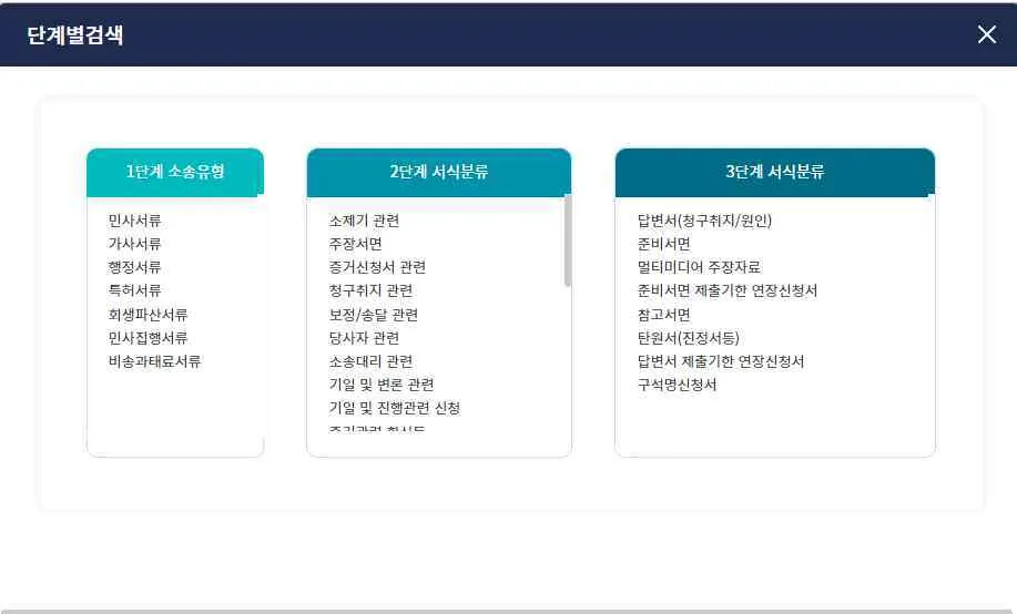소송유형과 서식분류를 세 단계로 골라 서류를 찾는 단계별검색 팝업입니다.