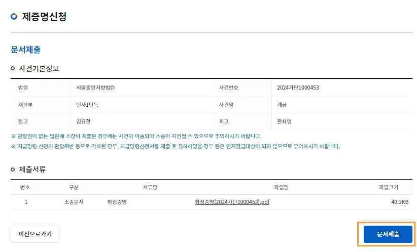 제증명신청 제출 화면에서 확정증명 PDF를 확인하고 [문서제출] 버튼을 누르는 모습입니다.