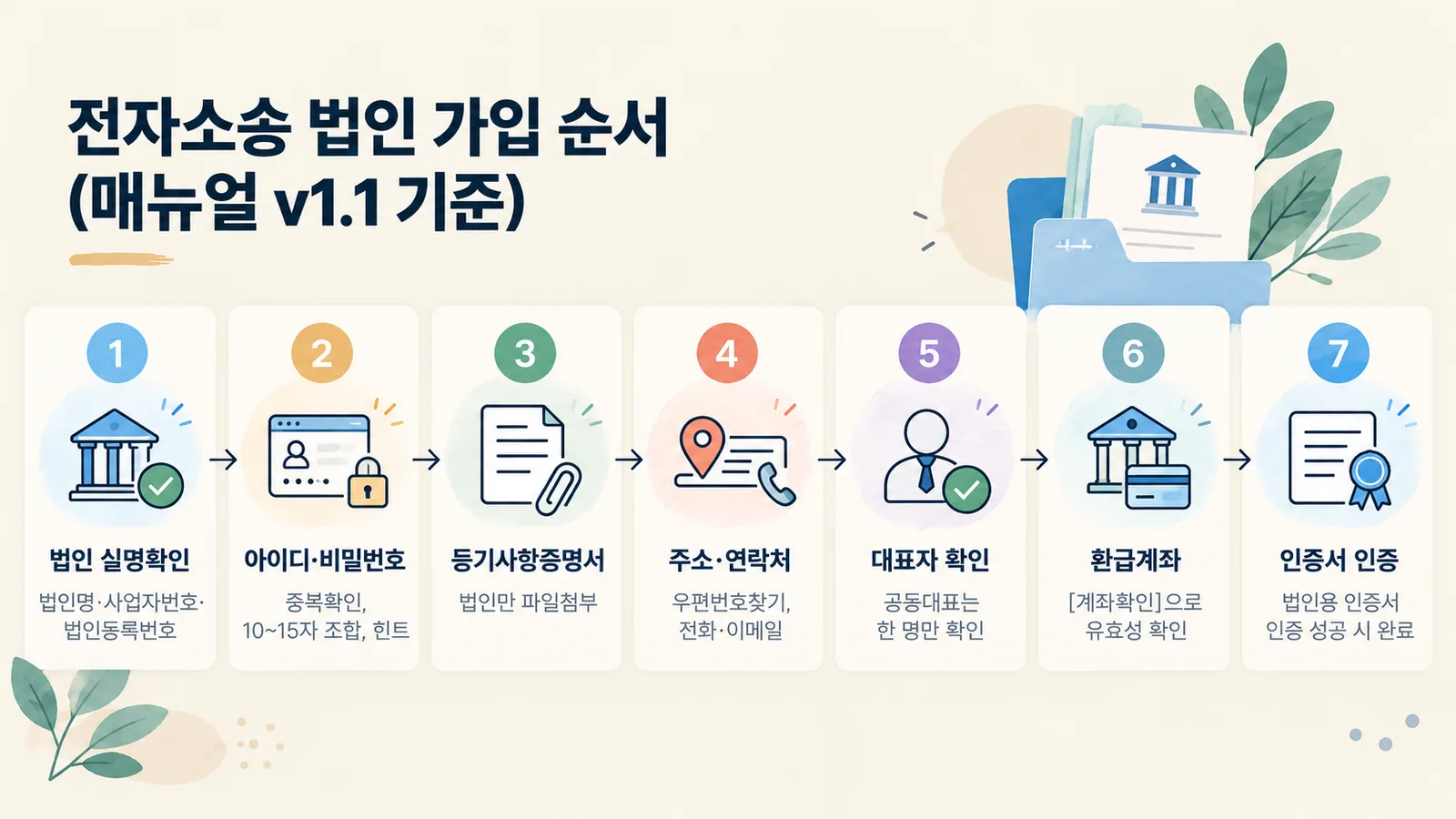 법인 전자소송 가입을 실명확인부터 인증서 인증까지 7단계로 정리한 그림