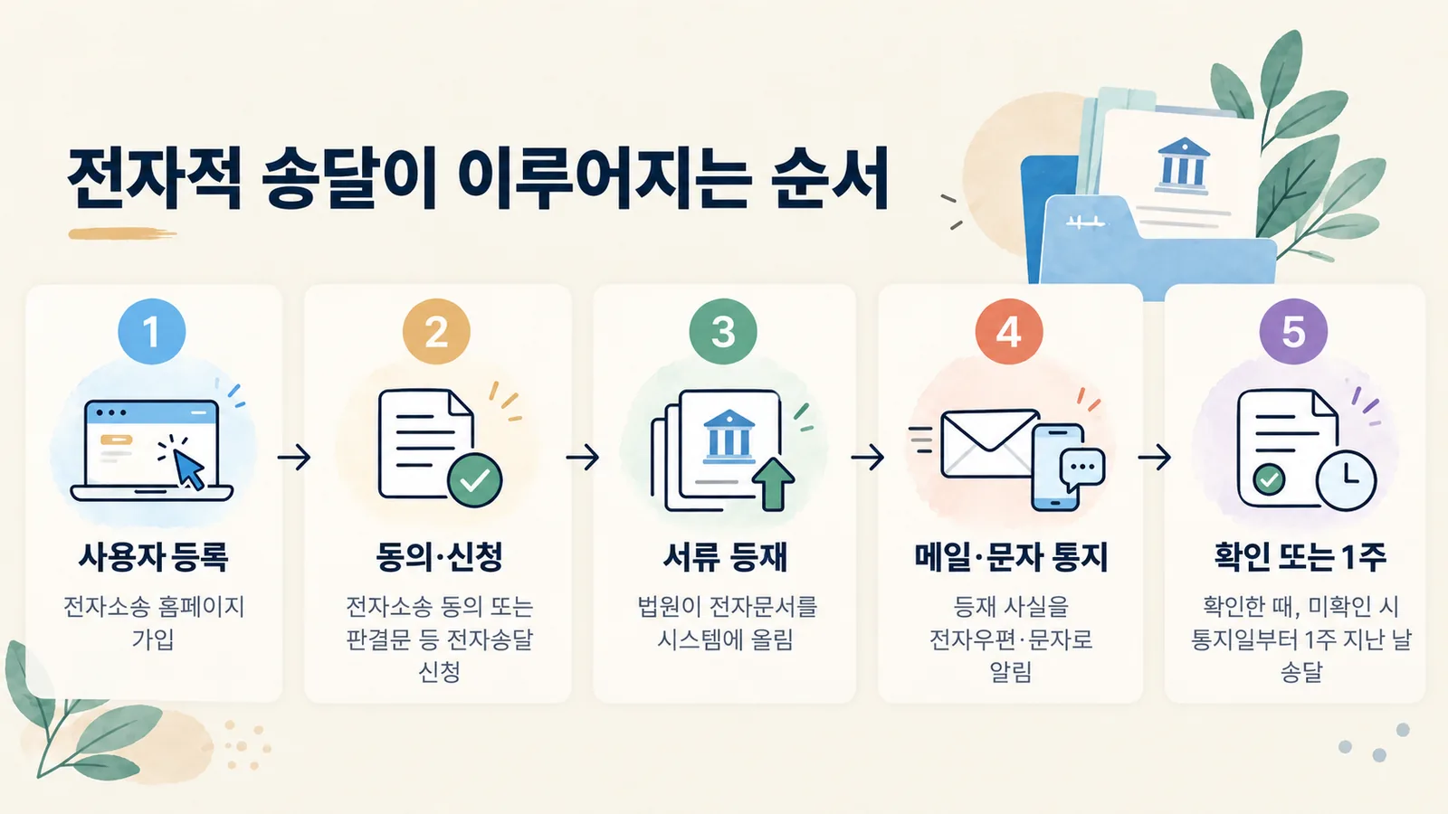 사용자등록부터 서류 확인까지 전자적 송달이 이루어지는 순서를 보여 주는 그림입니다.
