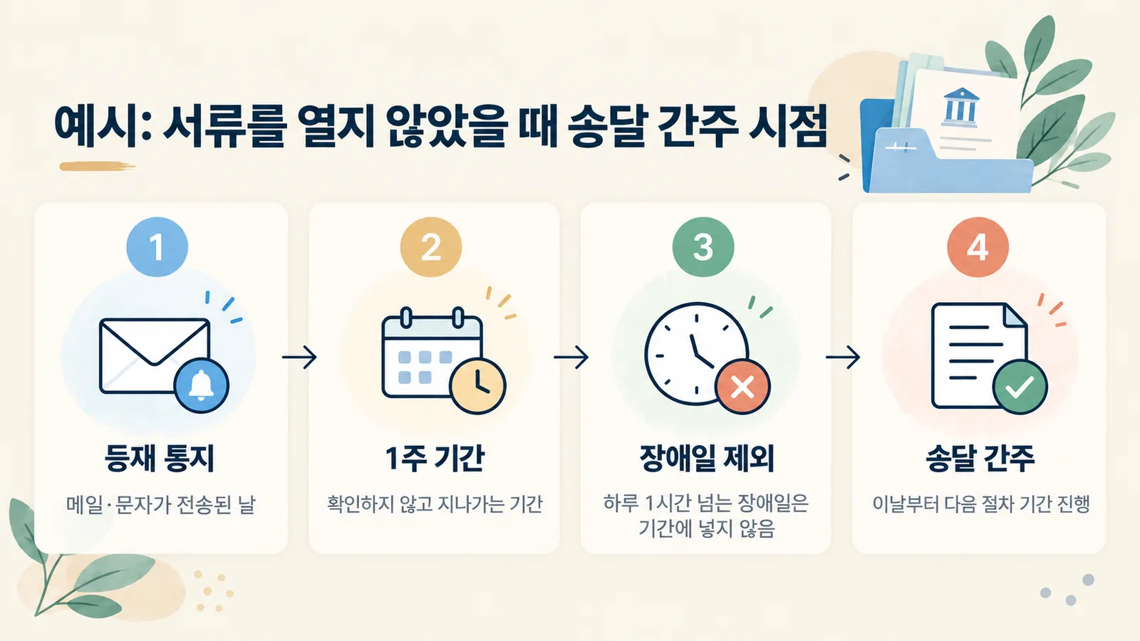 통지 후 1주 기간 중 장애일 하루가 빠져 송달 간주일이 하루 밀리는 예시를 보여 주는 그림입니다.