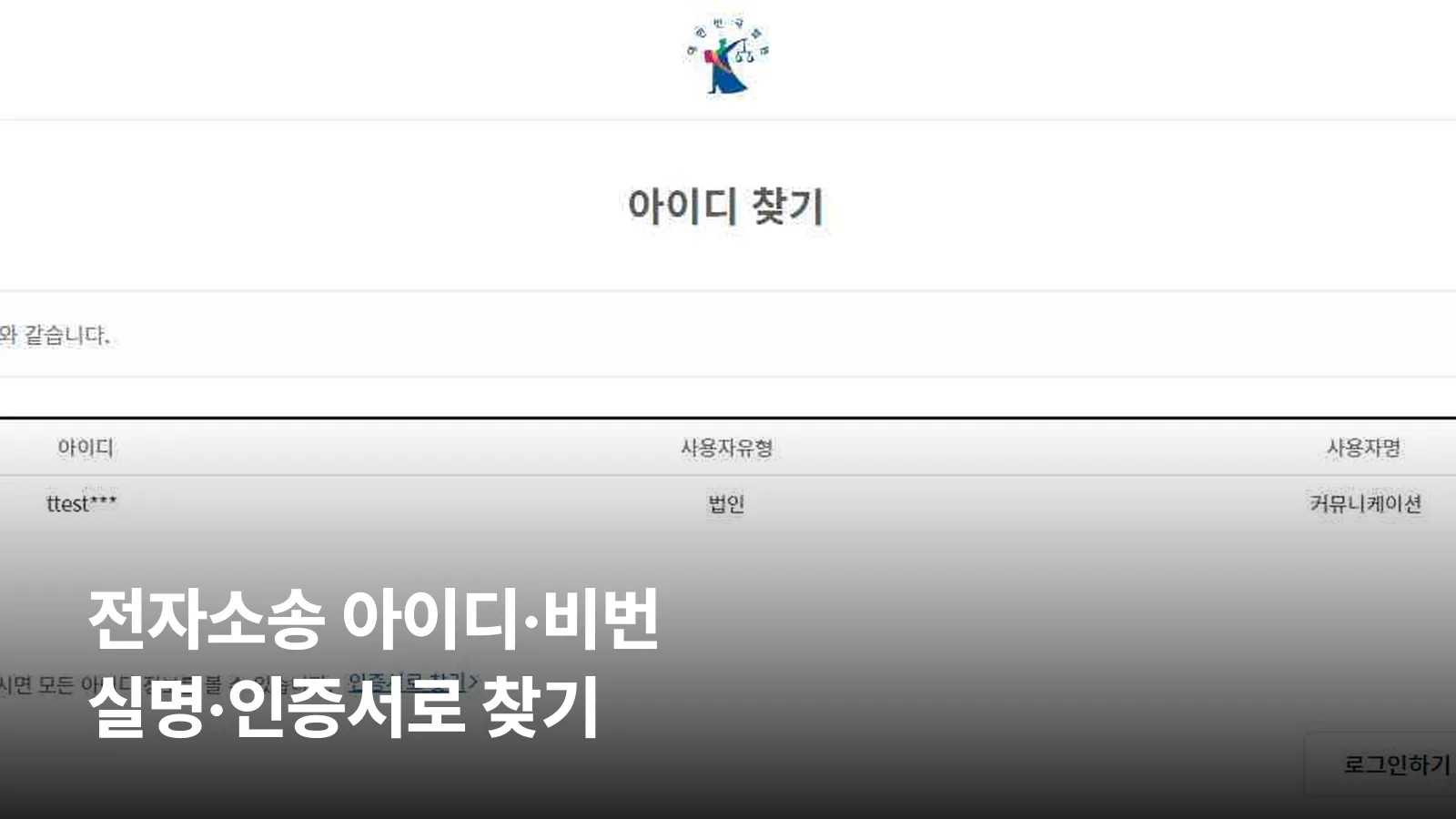 전자소송포털 아이디 찾기 결과 화면으로, 찾은 아이디와 사용자유형, 비밀번호찾기 버튼이 보입니다.