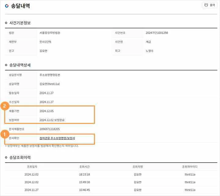 송달내역 팝업에서 문서확인 란의 문서명 링크와 제출기한·보정여부 항목이 표시된 화면입니다.