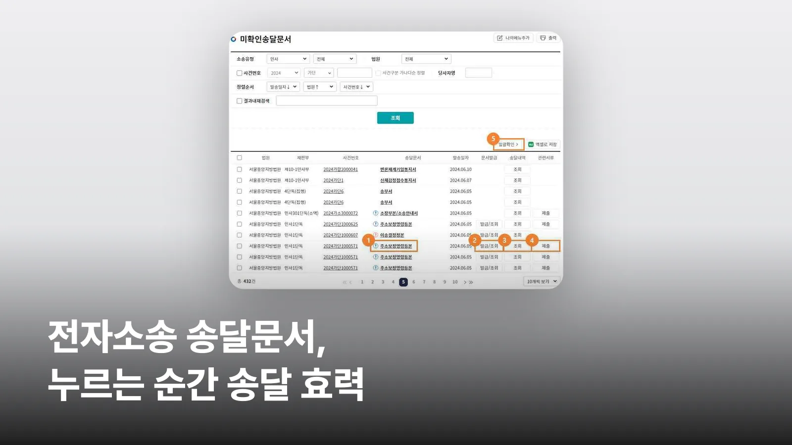 전자소송포털 미확인송달문서 화면에서 송달문서명과 발급·조회·제출·일괄확인 버튼이 표시된 모습