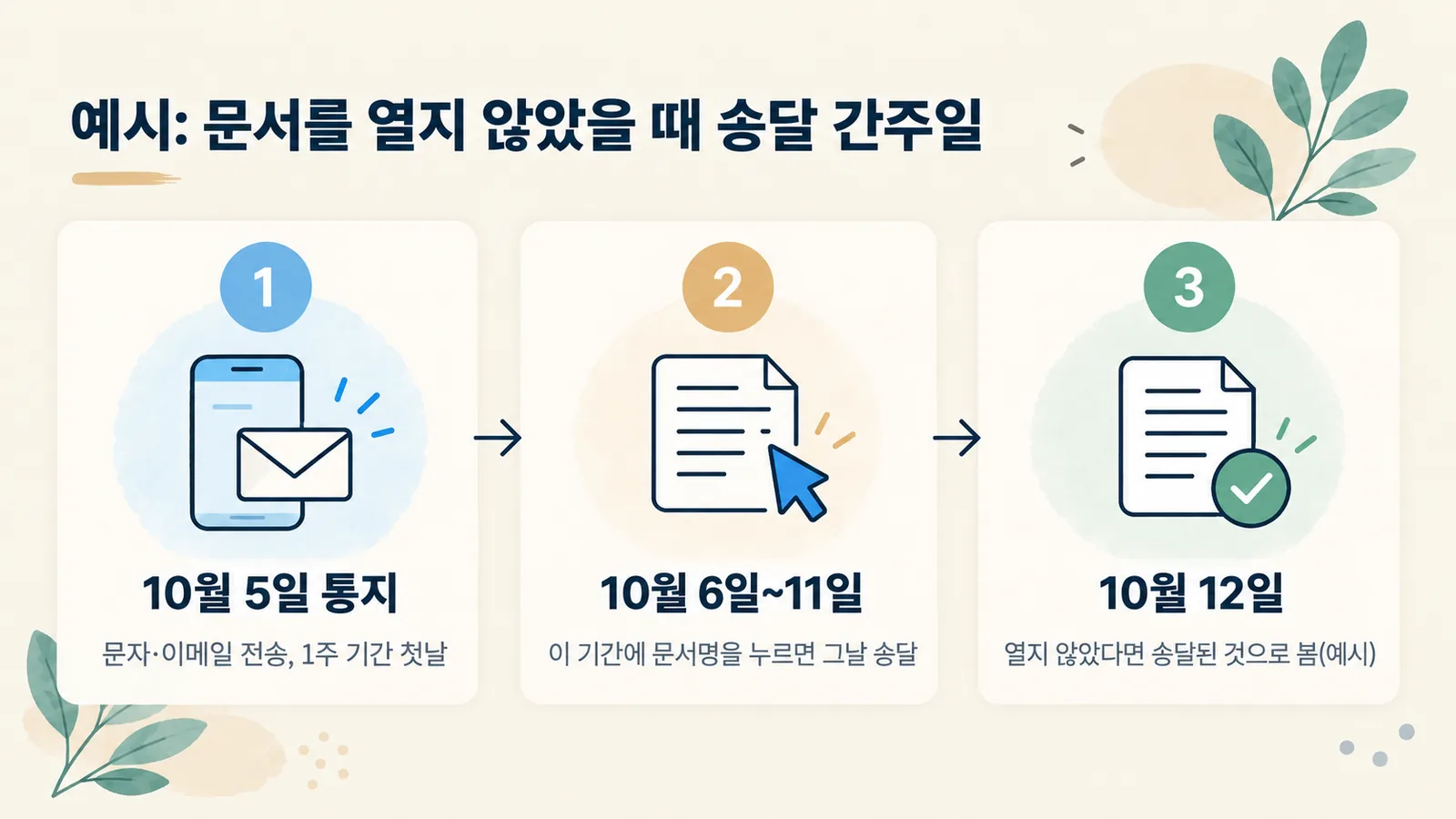 10월 5일 통지 후 문서를 열지 않으면 10월 12일 송달된 것으로 보는 예시 일정