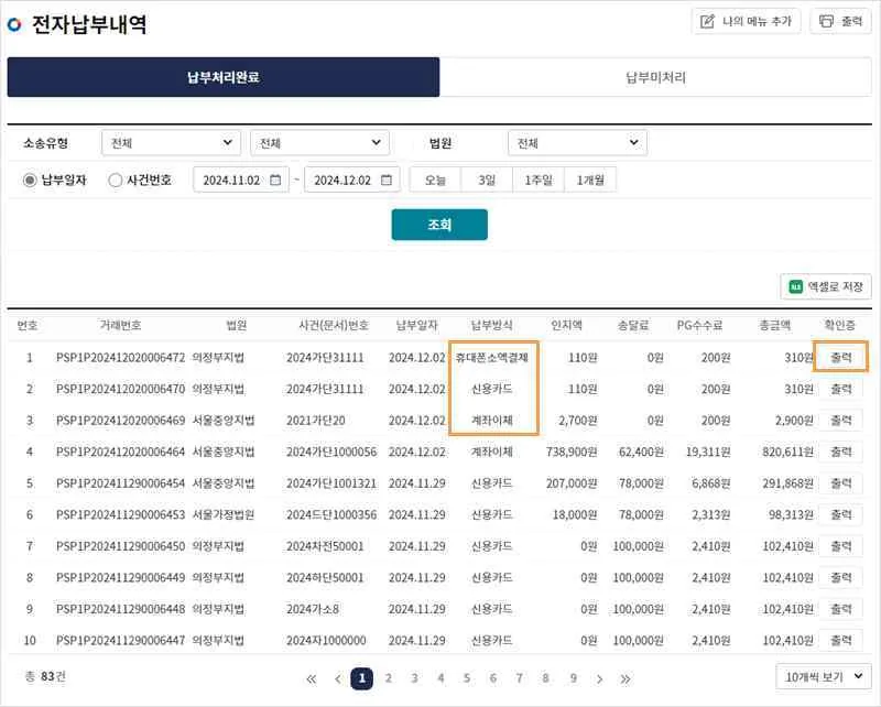 전자납부내역 납부처리완료 탭에서 납부방식 열과 확인증 출력 버튼이 강조된 화면