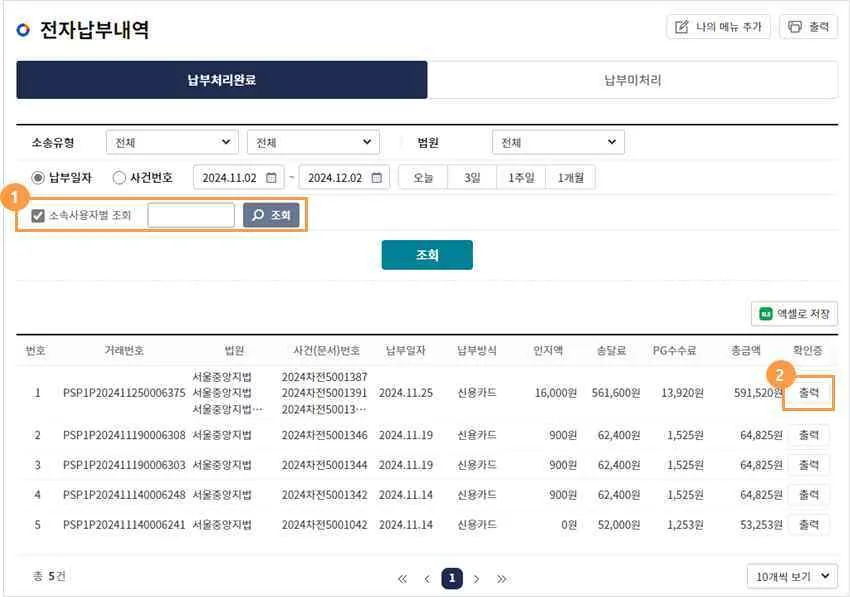 납부처리완료 화면의 ① 소속사용자별 조회 입력란과 ② 확인증 출력 버튼