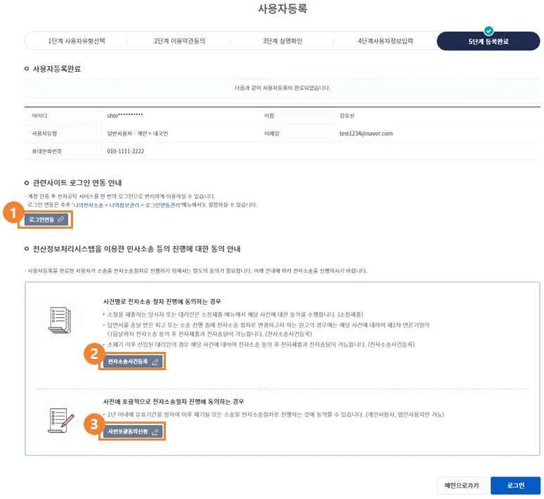 등록완료 화면의 로그인연동·전자소송사건등록·사전포괄동의신청 버튼