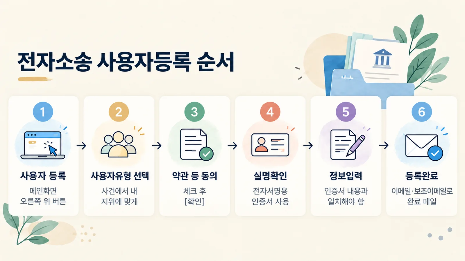 전자소송 사용자등록이 유형 선택부터 등록완료까지 순서대로 이어지는 절차도