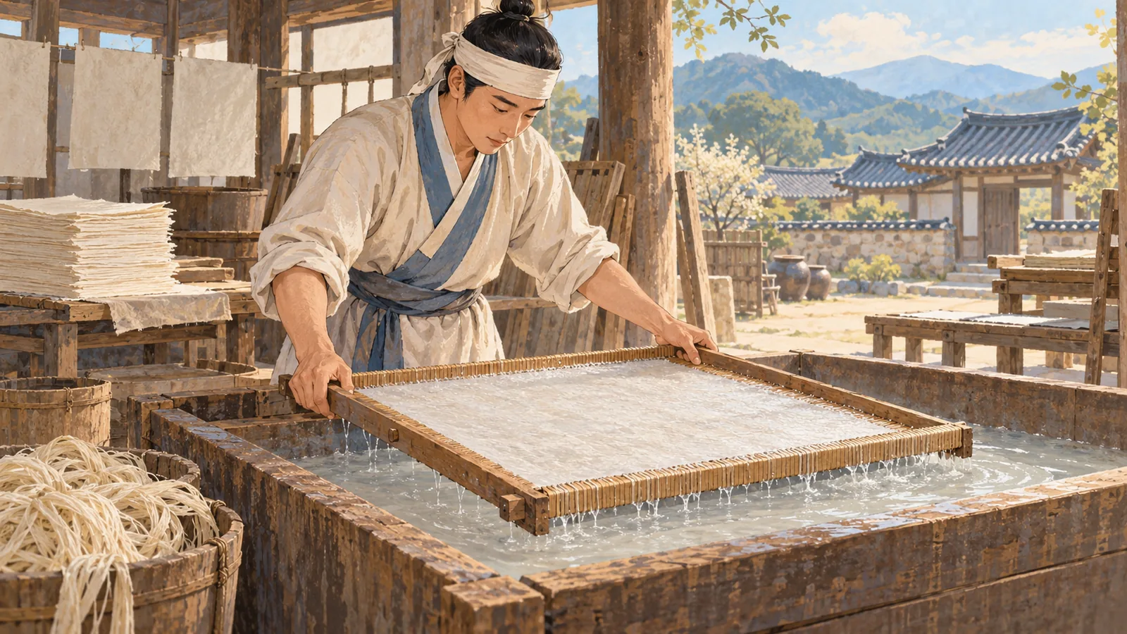 전통 방식으로 한지를 뜨는 장인의 모습