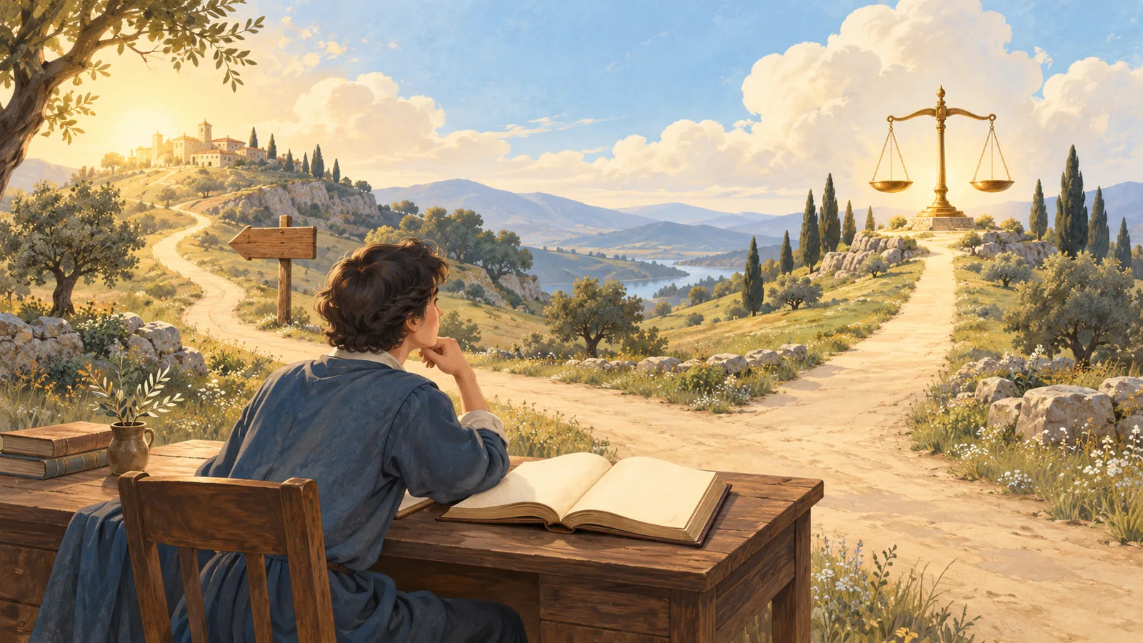 조건이 붙은 길과 조건 없는 길 앞에서 고민하는 학생을 통해 가언명령과 정언명령의 차이를 표현한 그림입니다.