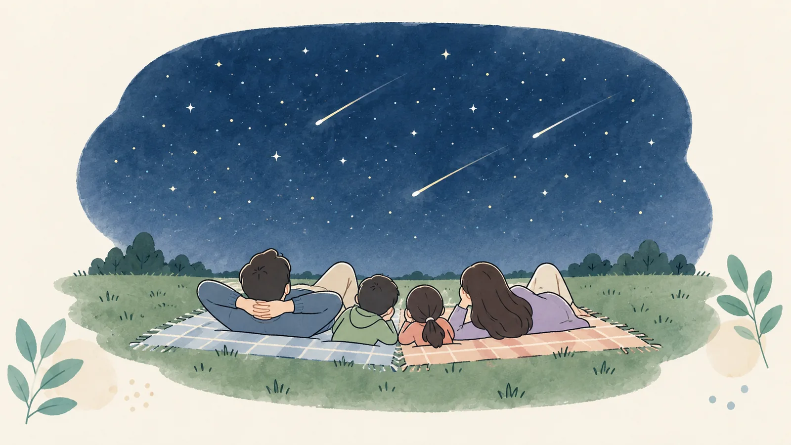 불빛이 적은 넓은 들판에서 가족이 누워 하늘 전체를 바라보며 유성을 찾는 모습입니다.