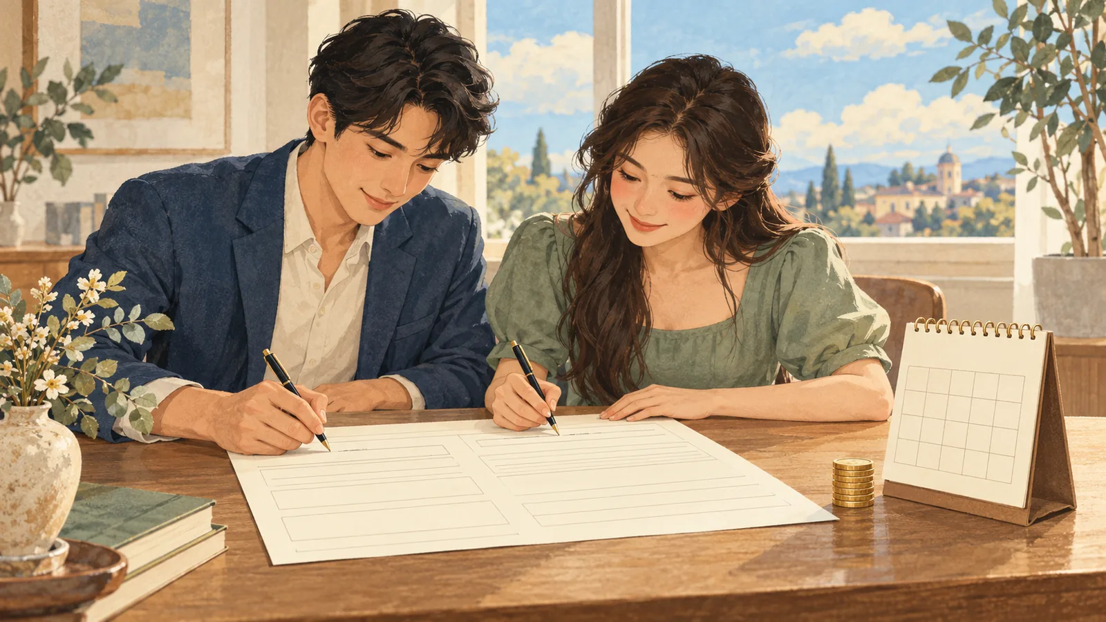 연말 달력 옆에서 혼인신고서를 작성하는 커플