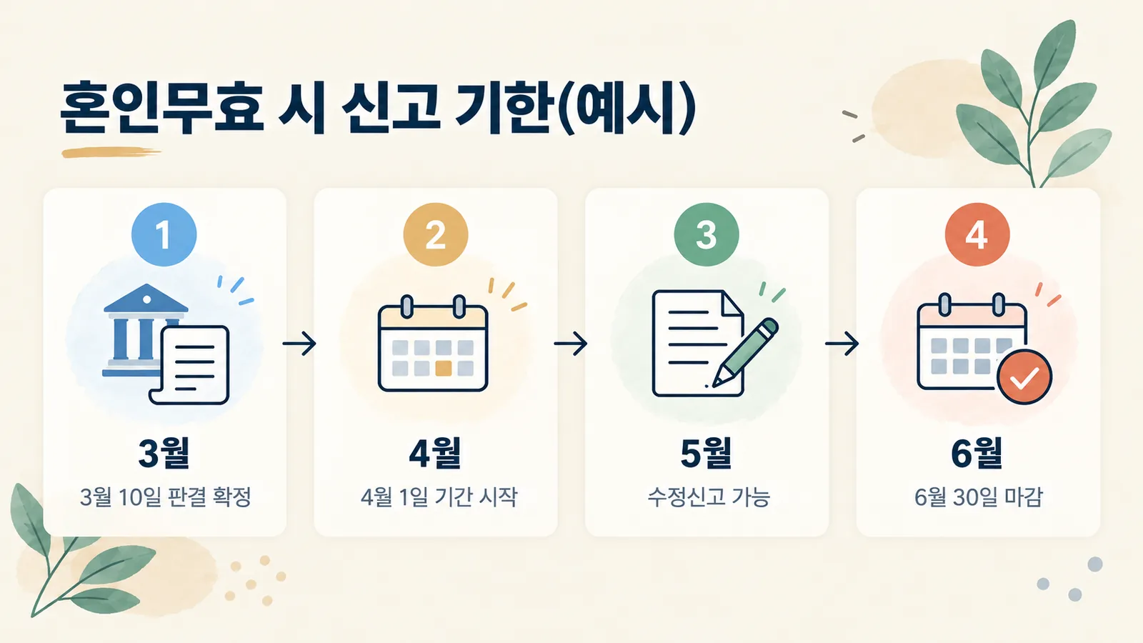 혼인무효 판결이 3월에 확정되면 4월 1일부터 6월 30일까지 수정신고하는 예시