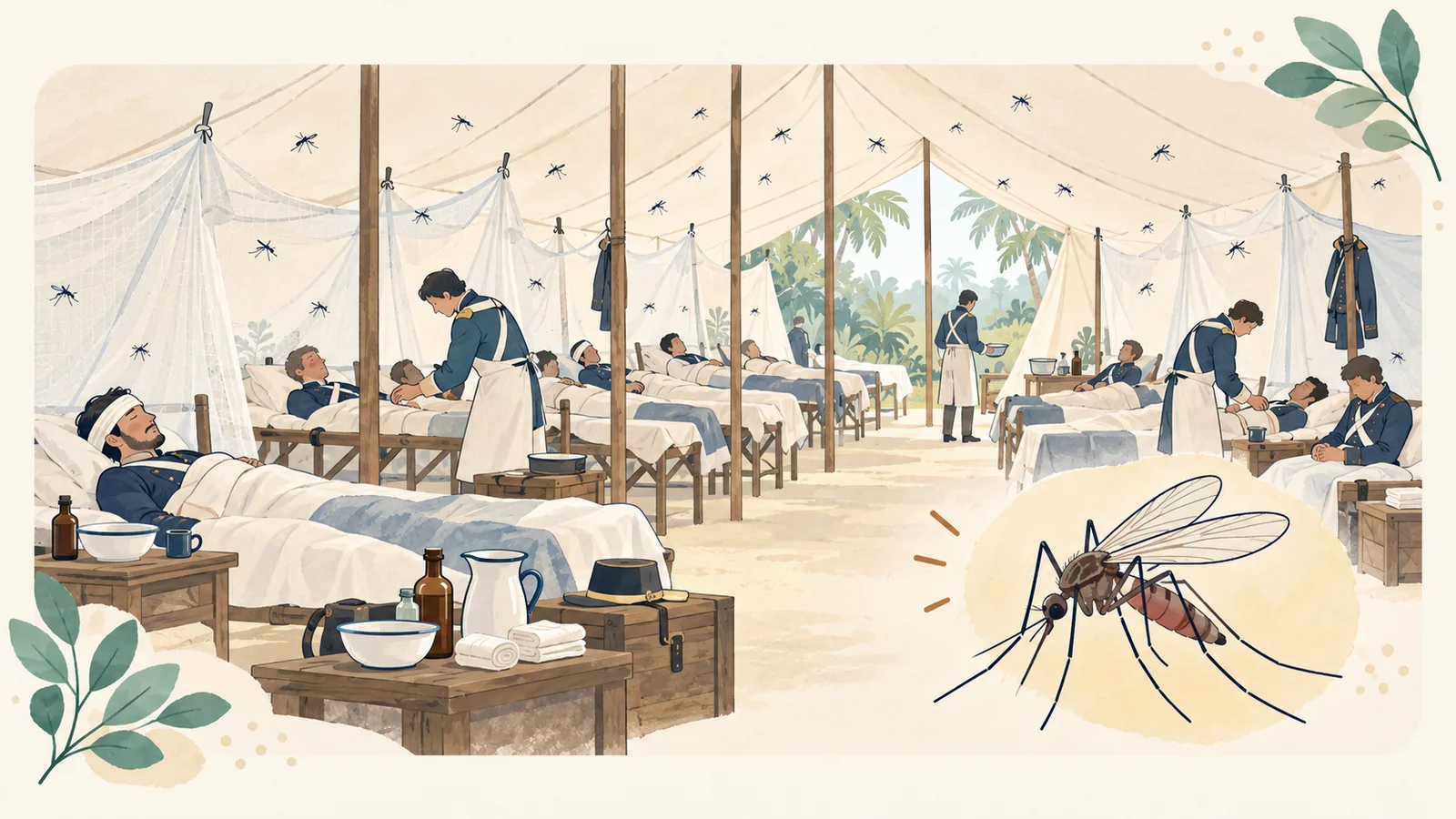 모기가 날아다니는 열대 군 야전병원에서 병사들이 병상에 누워 있는 장면을 그린 일러스트입니다.