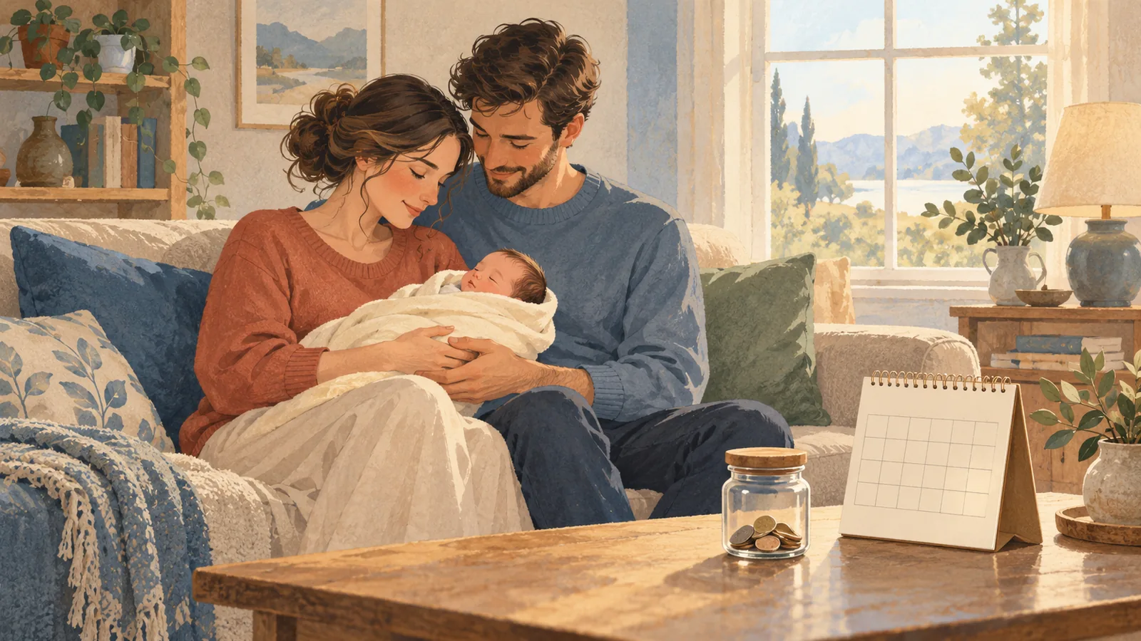 부모가 함께 아기를 안고 육아휴직 계획을 세우는 모습입니다.