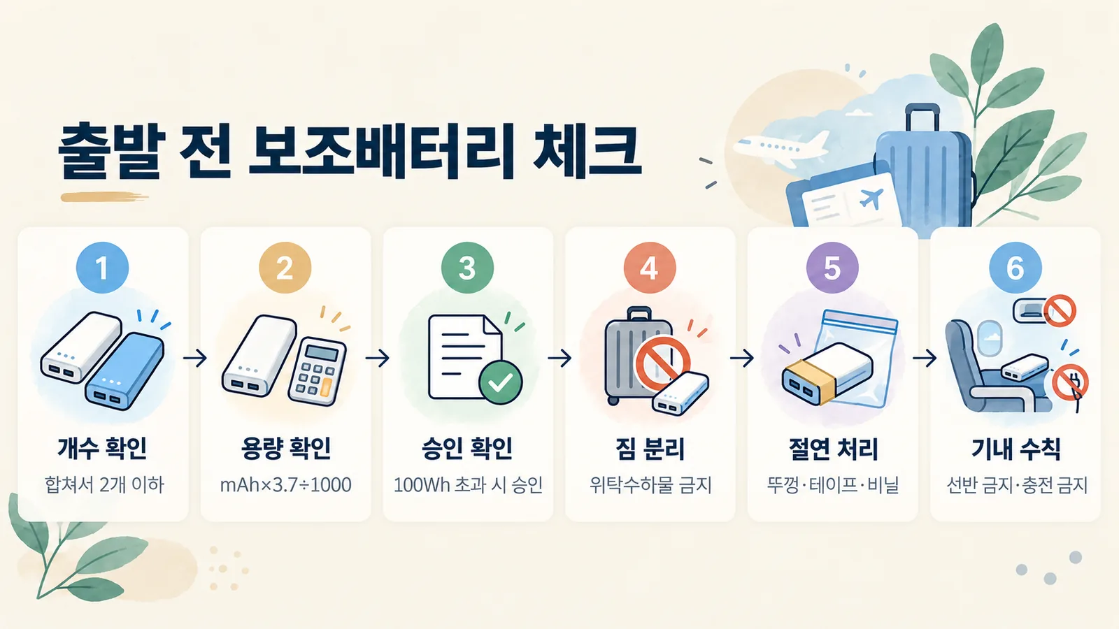 공항 가기 전 보조배터리 확인 순서를 6단계로 정리한 그림입니다.