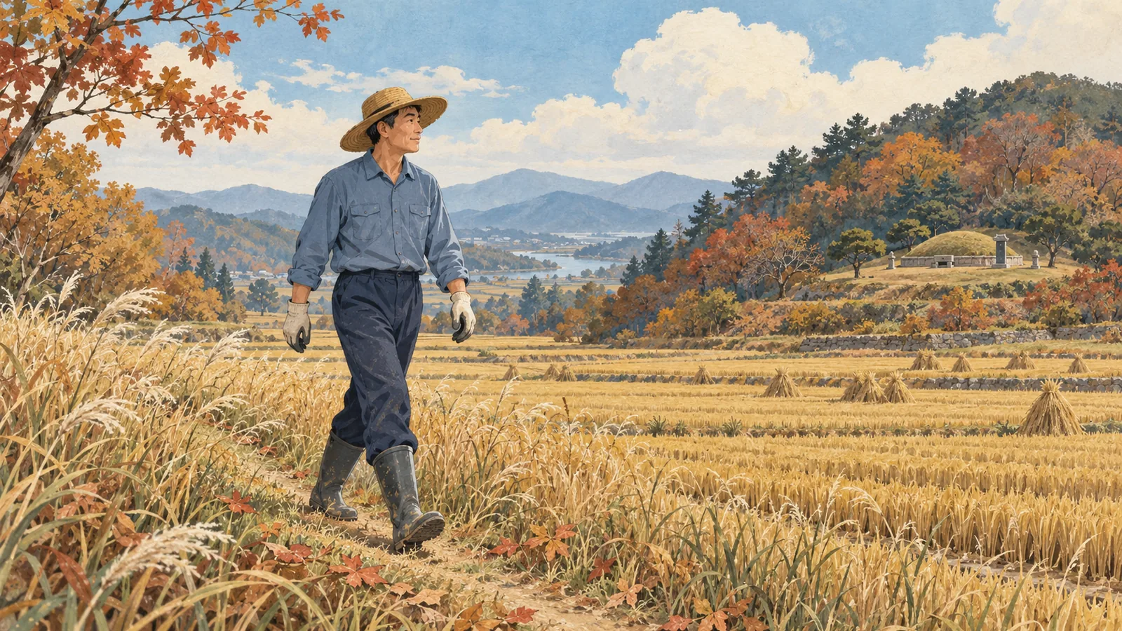 긴 옷과 장화를 갖추고 가을 풀밭 길을 걷는 사람의 모습입니다.