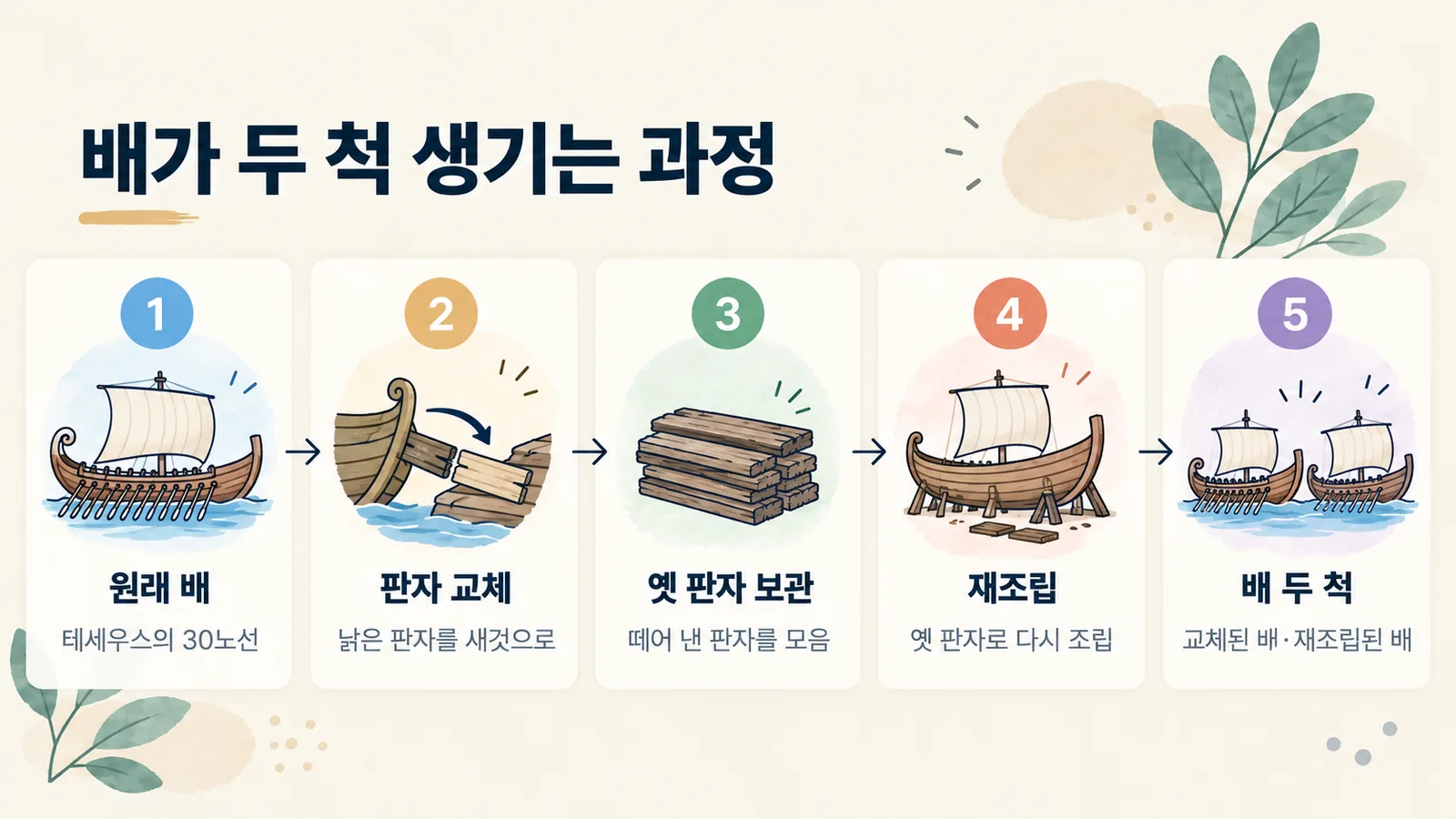 판자 교체와 옛 판자 재조립으로 배가 두 척 생기는 과정