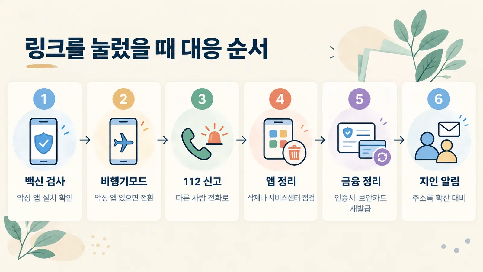 스미싱 링크를 이미 눌렀을 때 백신 검사부터 지인 알림까지 대응 순서를 보여 줍니다.