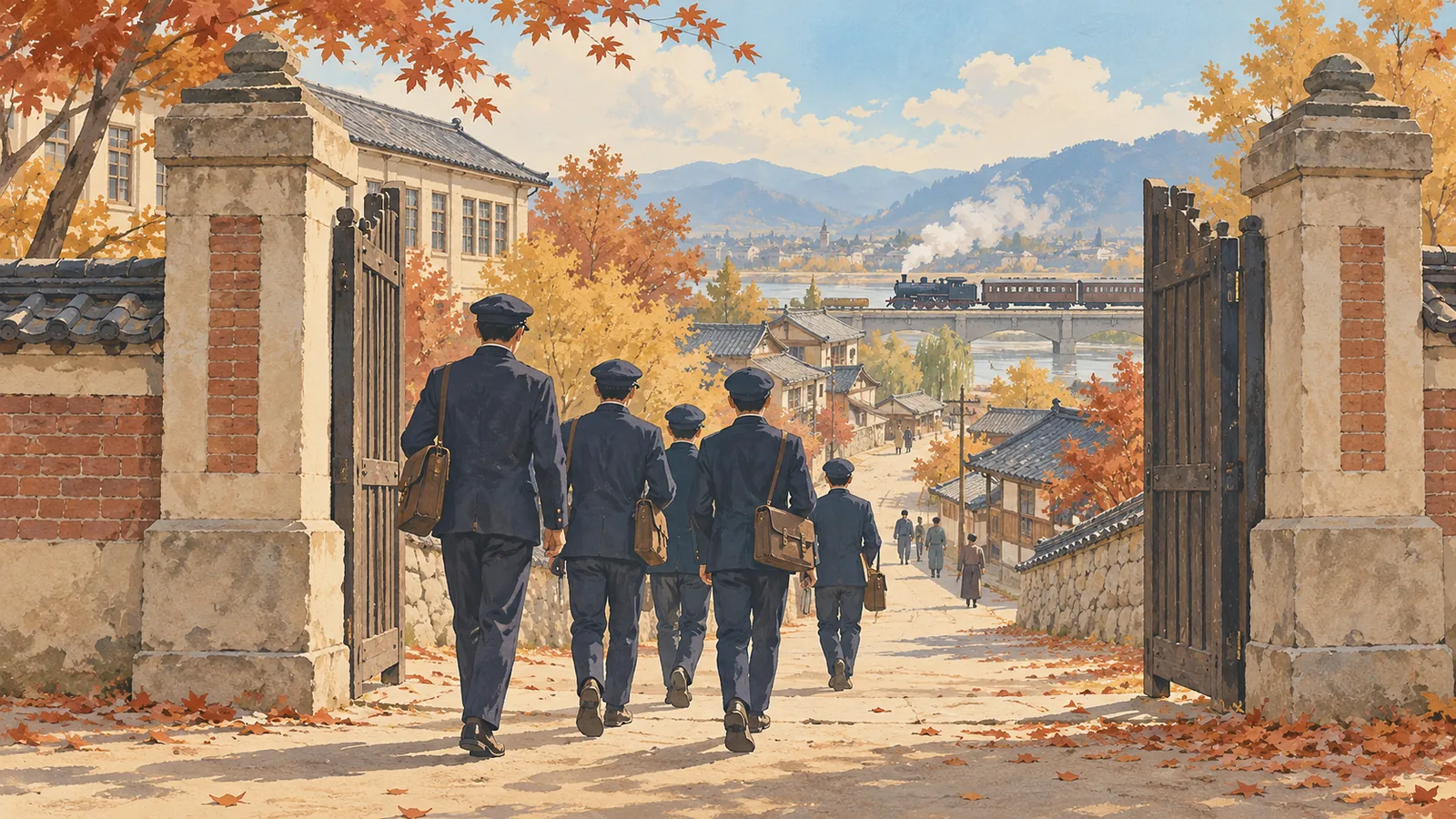 1920년대 교복 차림의 학생들이 교문을 나서 거리로 향하는 모습을 그린 일러스트입니다.