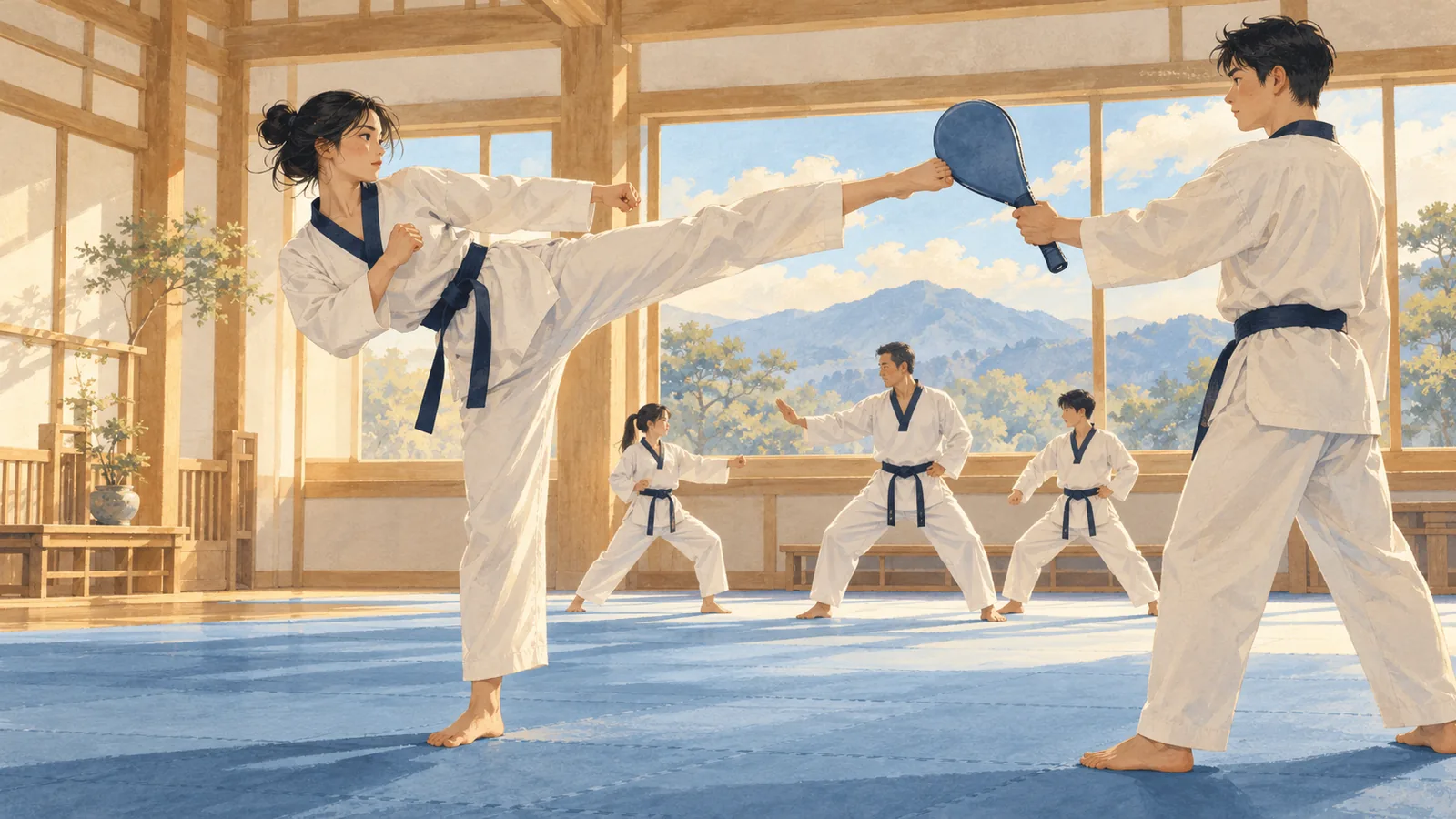 도장에서 태권도를 수련하는 사람들의 모습입니다.