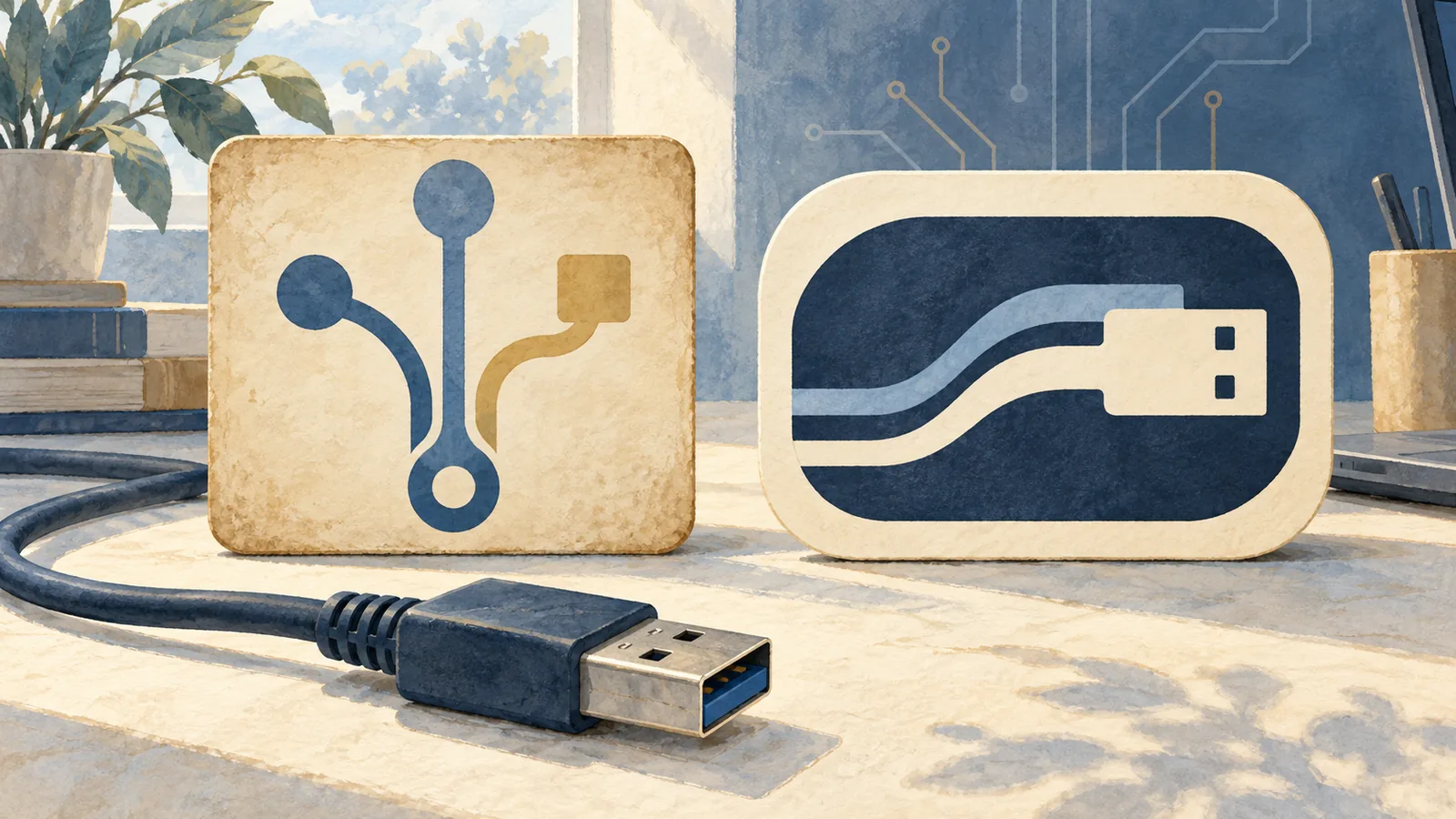 예전 SuperSpeed USB 10Gbps 삼지창 로고와 새 USB 10Gbps 인증 로고를 나란히 놓은 비교