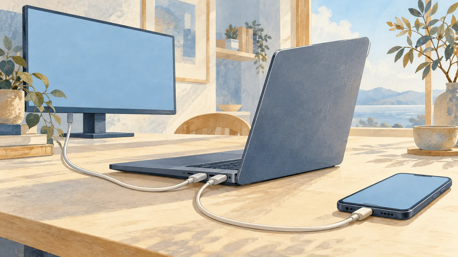 겉모양이 같은 두 USB-C 포트에 각각 모니터와 휴대폰이 연결된 노트북