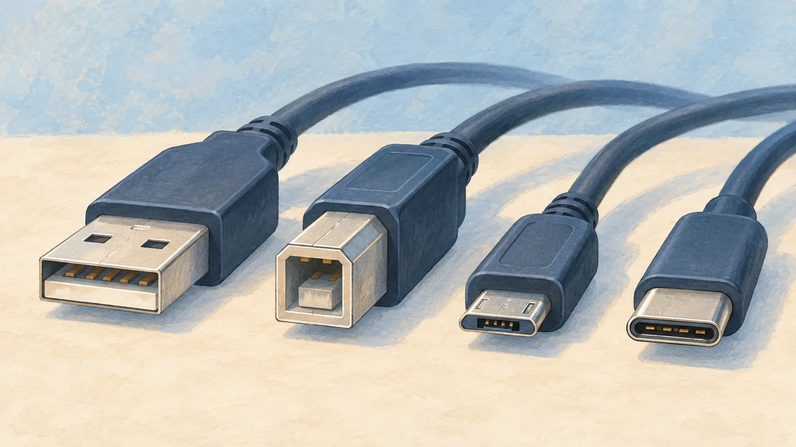 USB Type-A, Type-B, 마이크로 B, USB-C 단자를 나란히 놓은 모습
