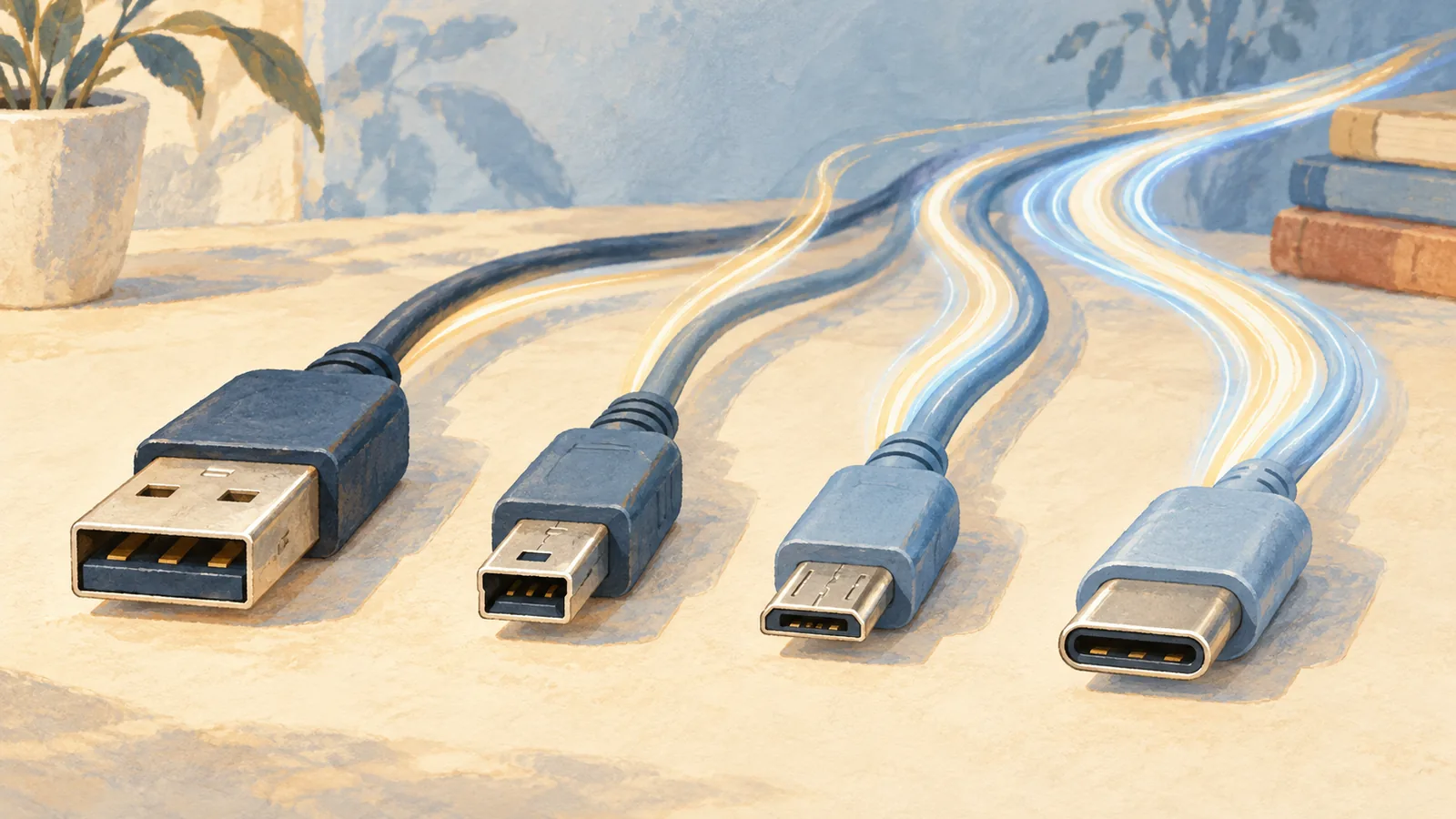 세대가 다른 USB 플러그들이 나란히 놓여 뒤로 갈수록 빠른 빛줄기가 흐르는 모습