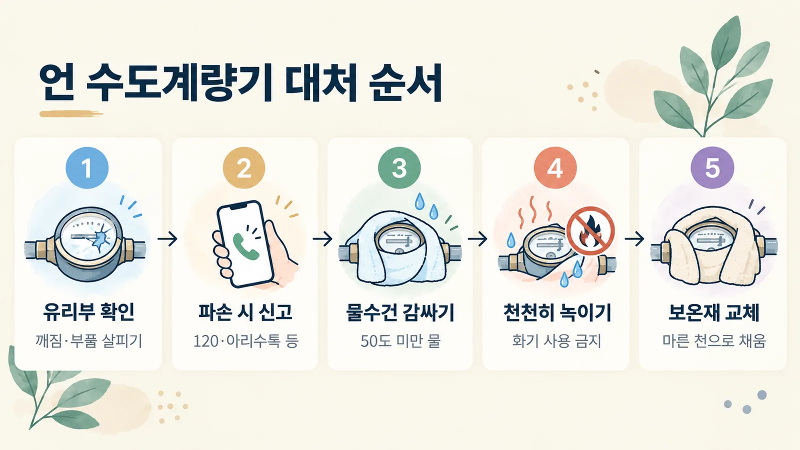 언 수도계량기를 확인하고 물수건으로 녹인 뒤 보온재를 바꾸는 순서를 나타낸 그림입니다.