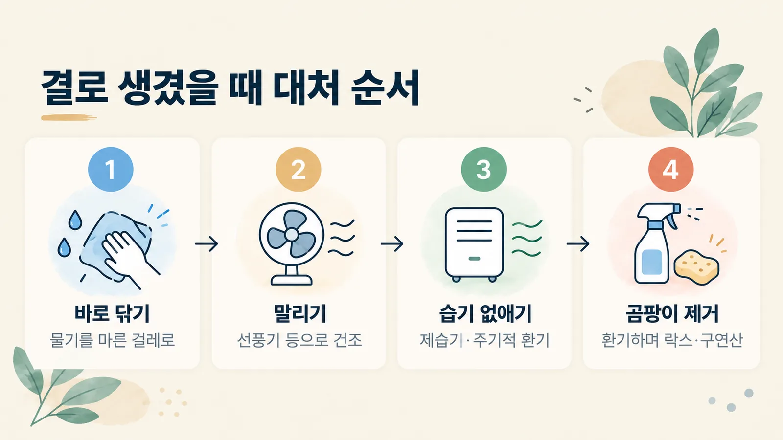 결로가 생겼을 때 닦기, 말리기, 습기 제거, 곰팡이 제거 순서